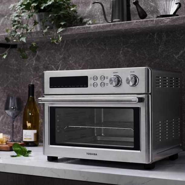 the toaster oven on a stylish kitchen counter