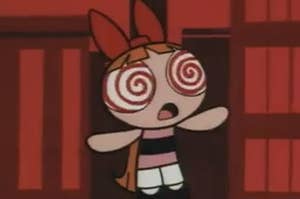blossom from the powerpuff girls with spirals for eyes