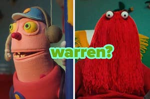a puppet shaped like a worm with headphones and a baseball cap, next to a character that looks like a mop with eyeballs