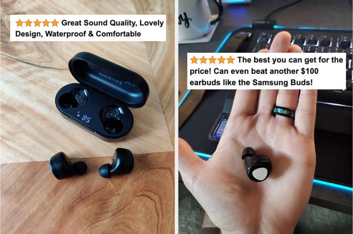 Rewers&#x27; black earbuds with case and five-star review text &quot;best you can get for the price&quot; &quot;waterproof and comfortable&quot;