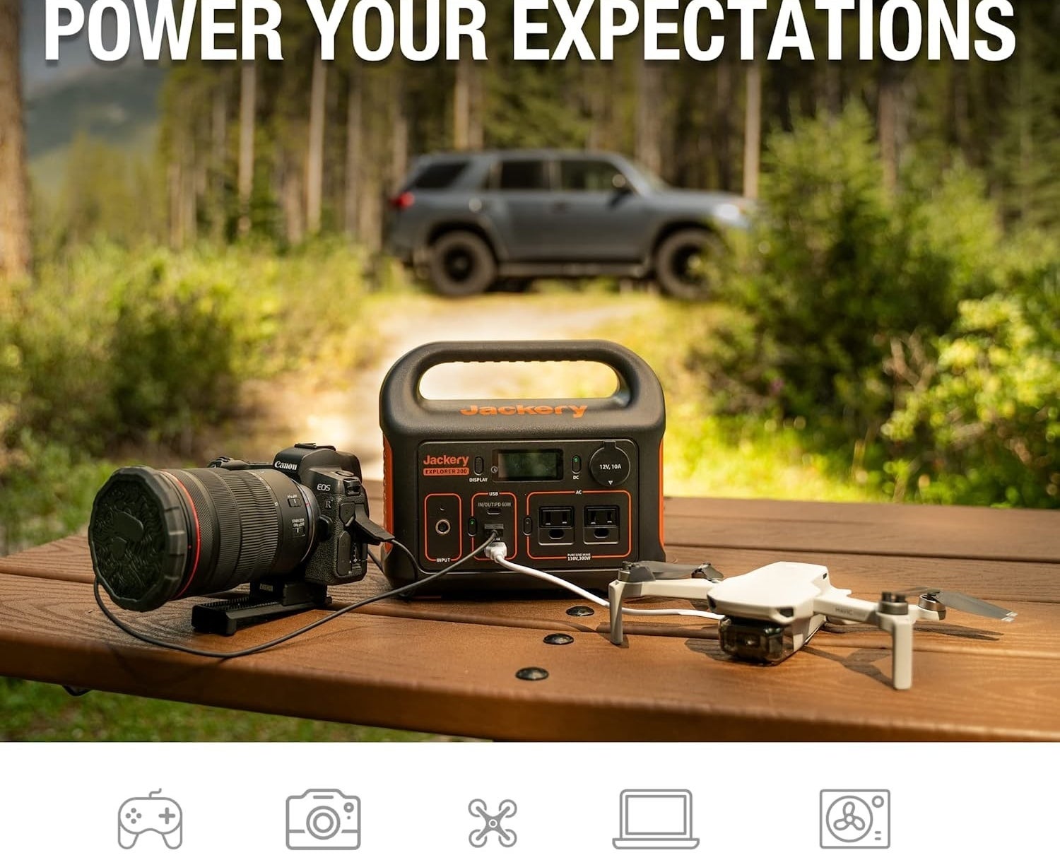 the power station charging a camera and a drone