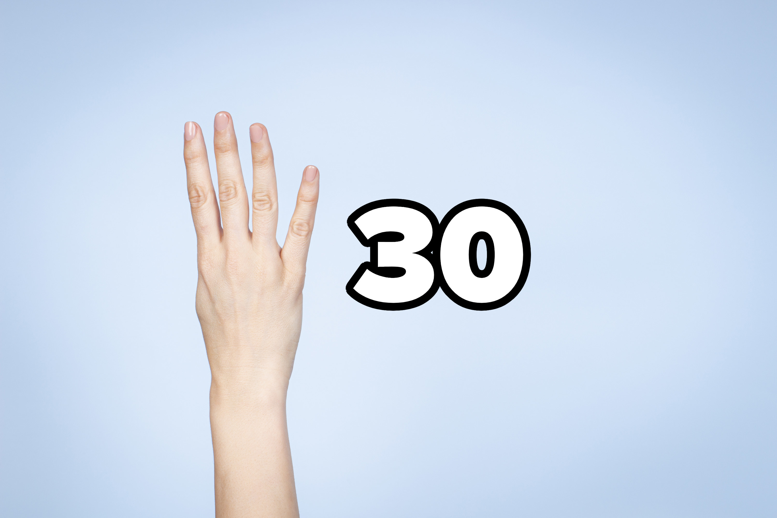 Hand holding up 4 fingers overlaid with &quot;30&quot;