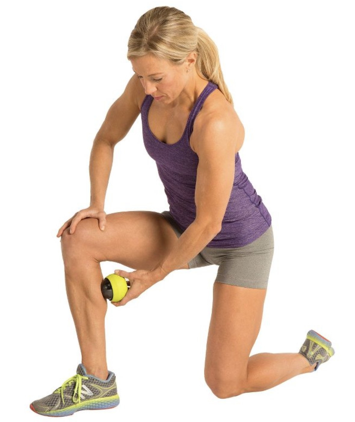 Model kneeling in lunge and using the roller on calf muscle