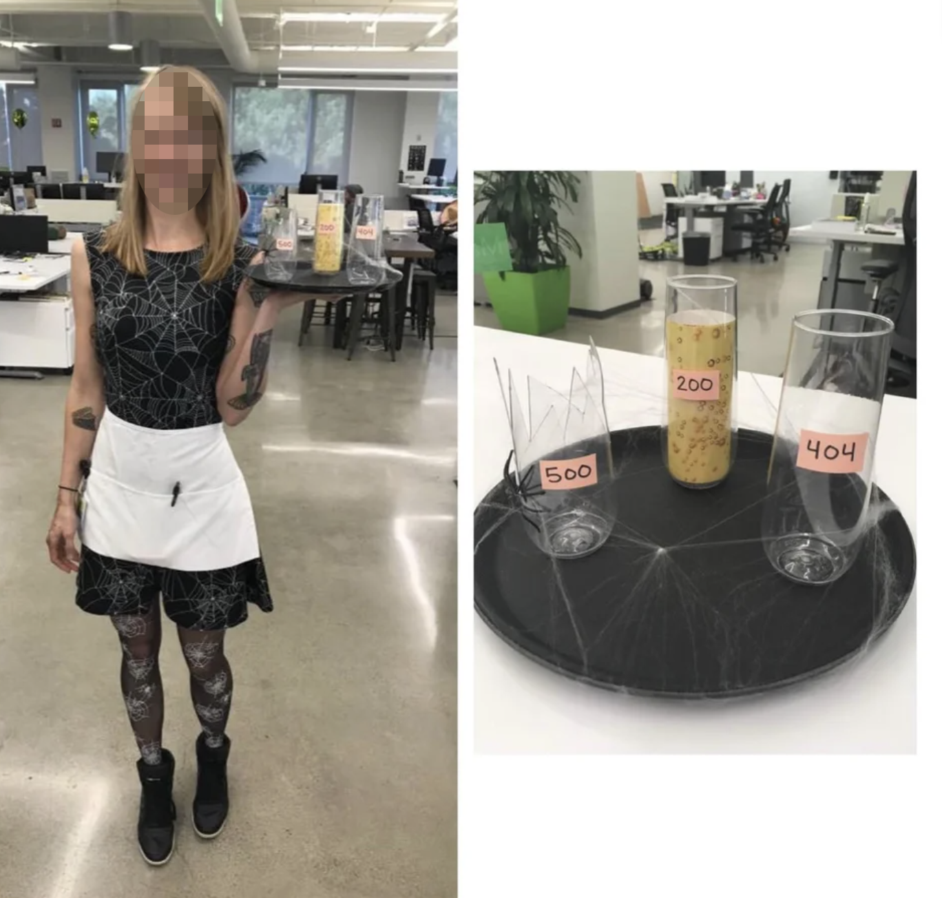 A woman dressed as a waitress in a spiderweb themed outfit with classes saying &quot;404&quot; &quot;500&quot; and &quot;200&quot; errors