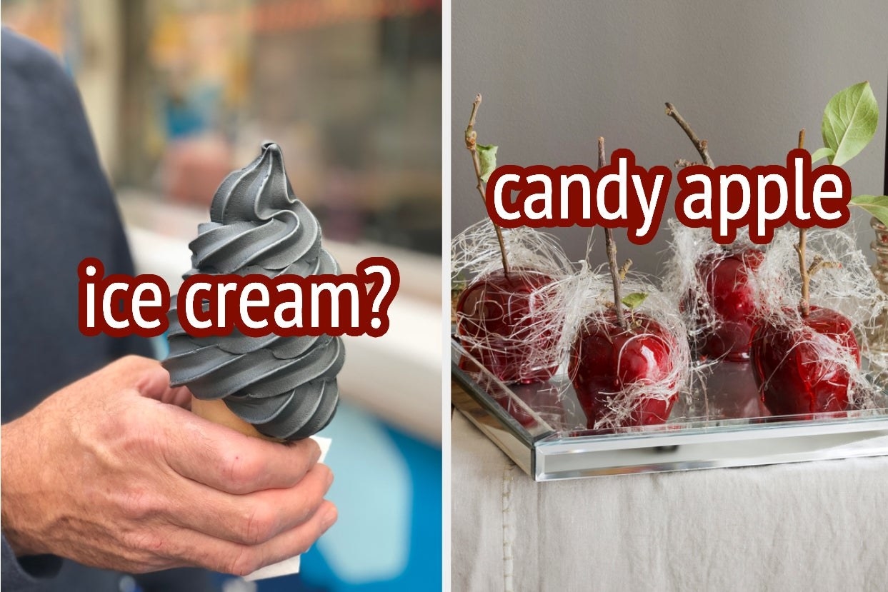 Two images; on the left: charcoal ice cream with the text &quot;ice cream?&quot; overlayed on top and on the right: candy apples with the text &quot;candy apple&quot; overlayed on top