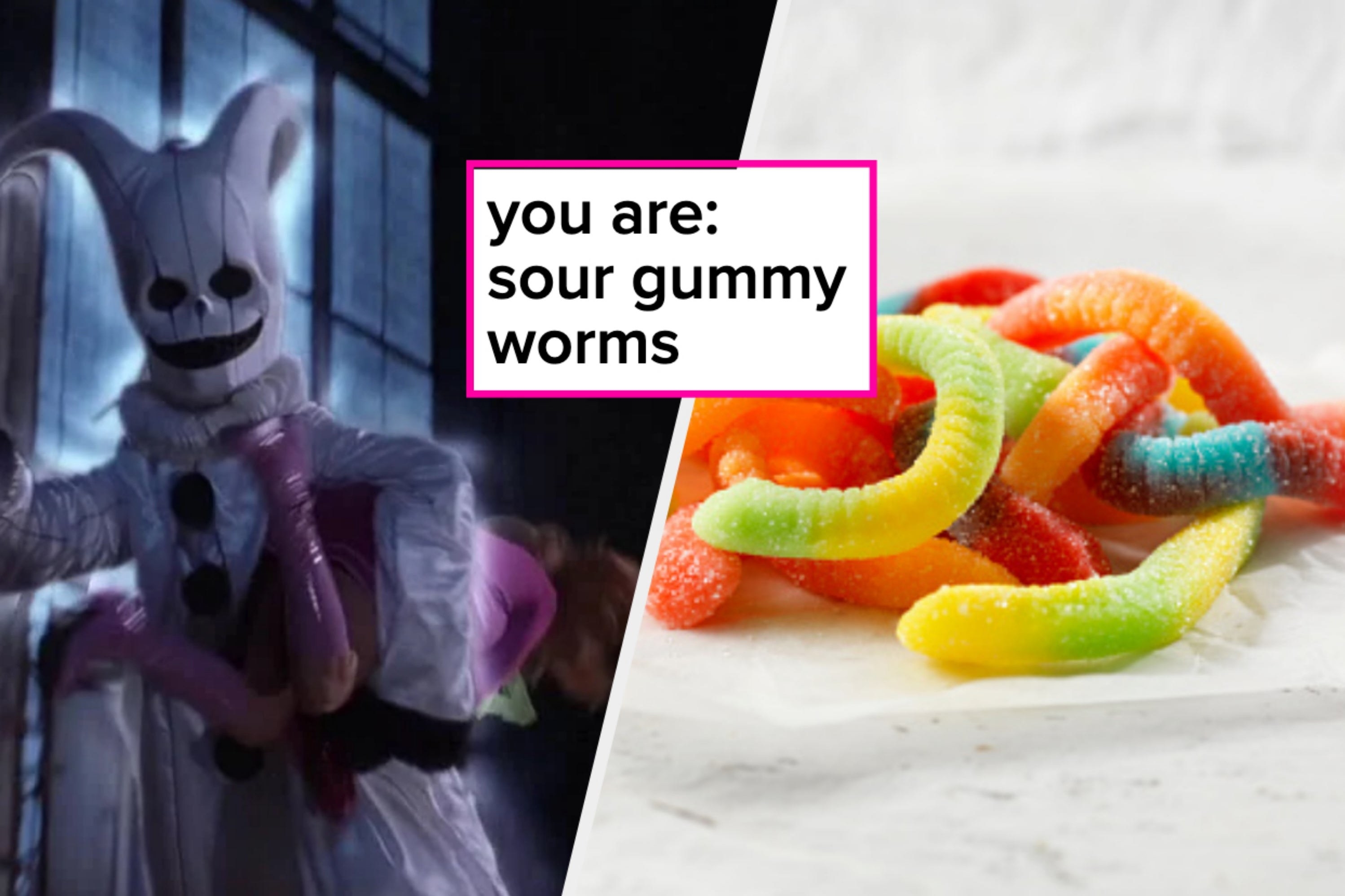 Two images; on the left: a scene where the ghost carries Daphne away from &quot;Scooby-Doo&quot; (2002) and on the right: an image of sour gummy worms with the text &quot;you are: sour gummy worms&quot; overlayed on top