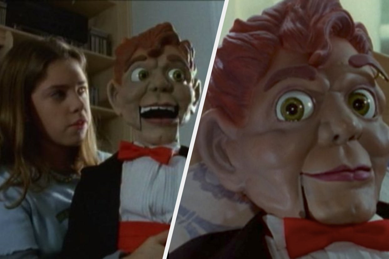 Two images; on the left: a girl holding Slappy the Dummy from a &quot;Goosebumps&quot; episode and on the right: a close up of Slappy