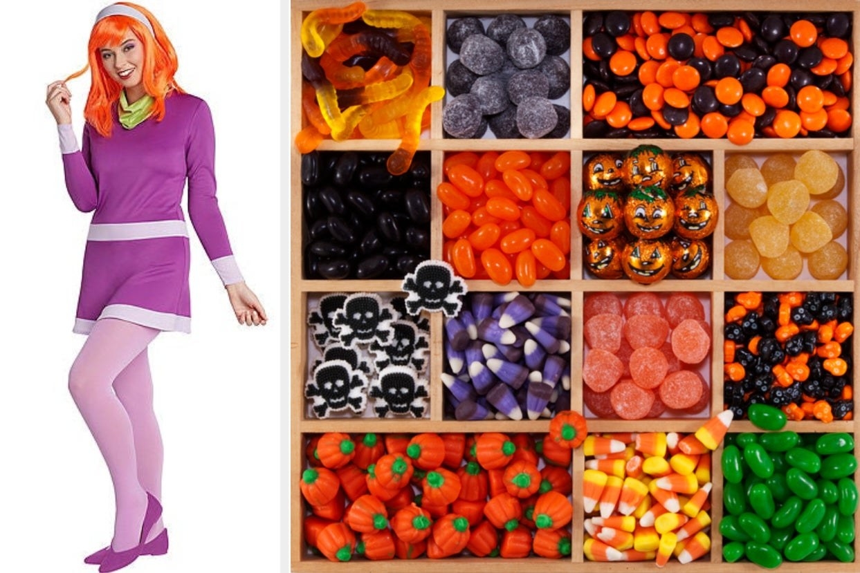 Two images; on the left: a person in a Daphne &quot;Scooby-Doo&quot; costume and on the right: assorted Halloween candies