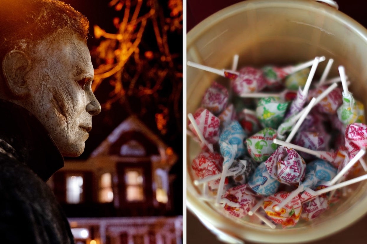 Two images; on the left: Michael Myers standing outside a house and on the right: a bowl of various lollipops