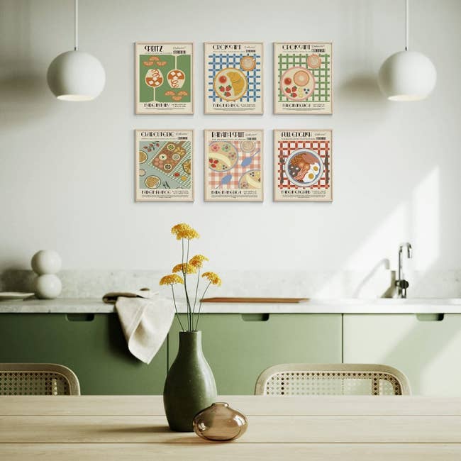 six illustrated food pictures above kitchen counter
