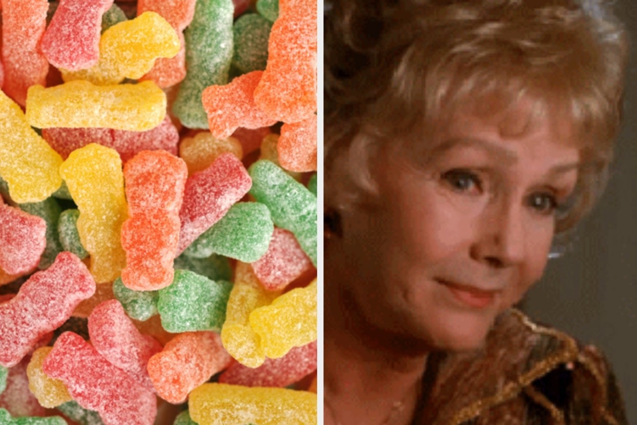 Two images; on the left: a stock closeup image of Sour Patch Kids and on the right: Grandma Aggie from &quot;Halloweentown&quot;