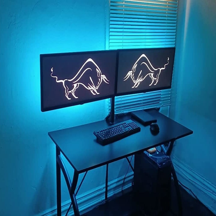 Reviewer's home office is backlit with blue light