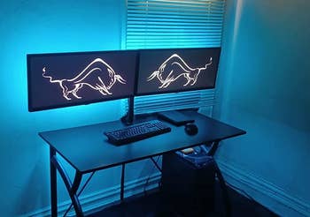 Reviewer's home office is backlit with blue light