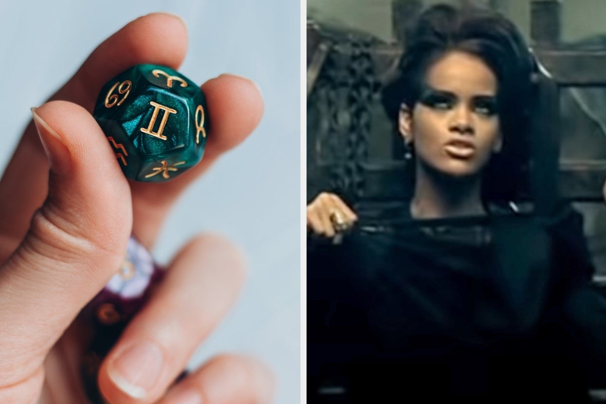 Two images; on the left: a stock image of someone holding zodiac dice and the face showing Gemini&#x27;s symbol and on the right: a still from Rihanna&#x27;s &quot;Disturbia&quot; music video