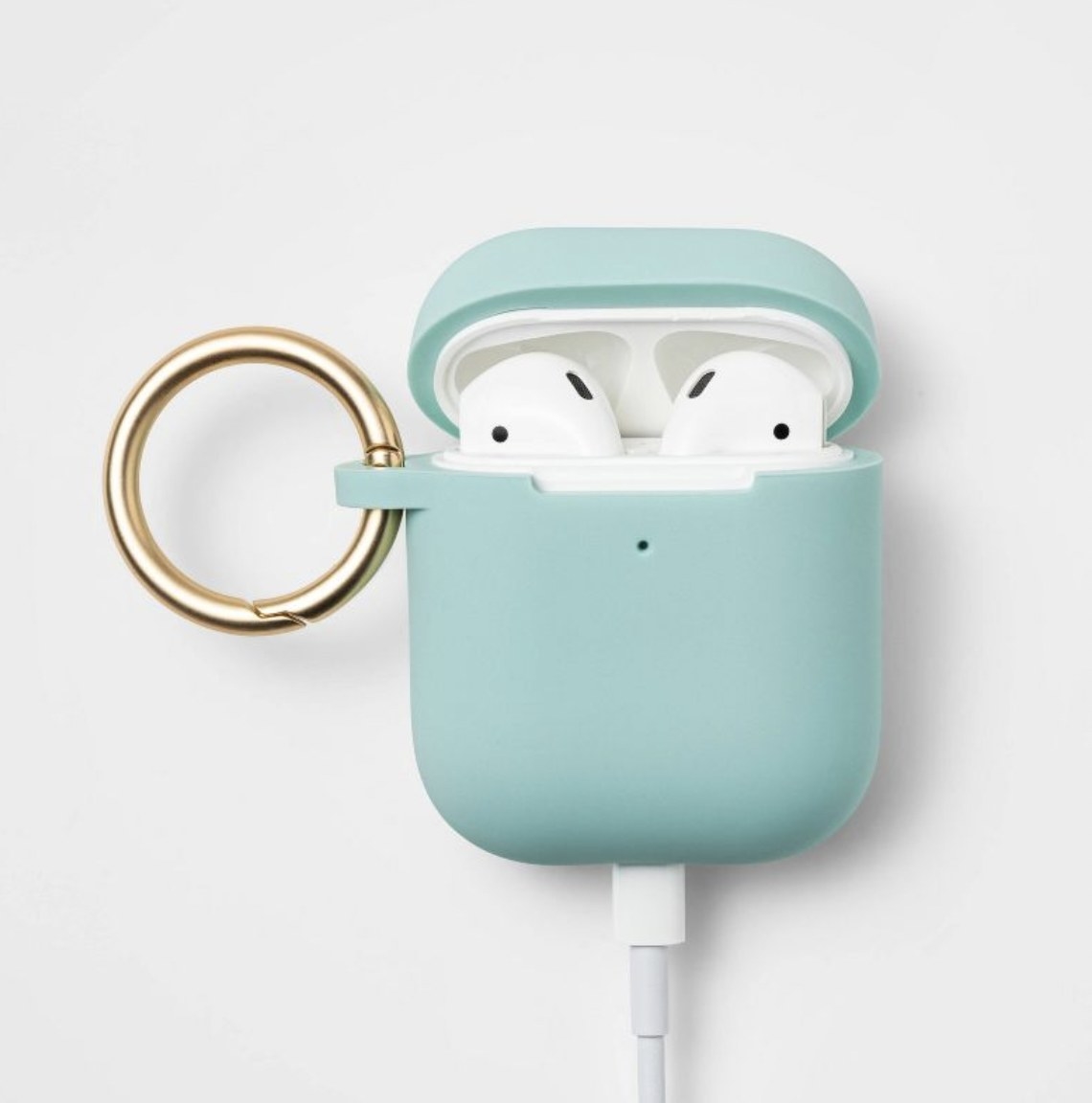 The teal silicone airpods case with gold hook