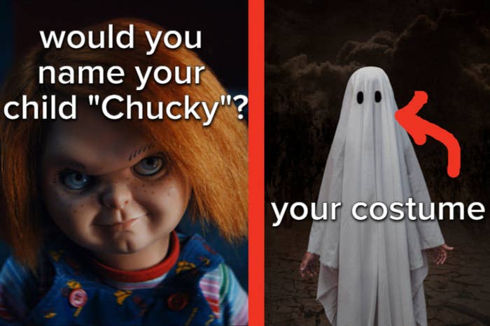 两个图像;左边:小鸡从系列的文本,将你的名字你的孩子& # x27;小鸡? & # x27;“右边:有人在床单上面的箭头指向它,说“你costume"