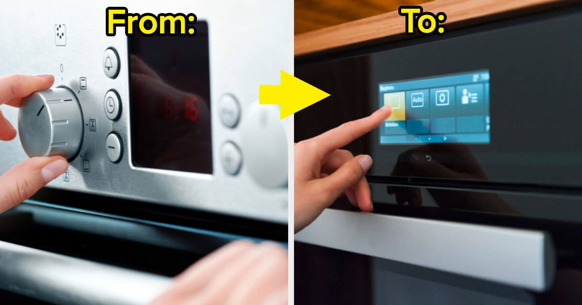 an appliance with buttons and knobs and another that is all touch screen