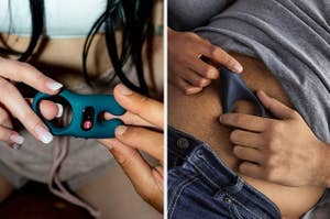 Couple holding green vibrating cock ring and couple holding blue vibrating cock ring