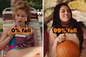On the left, Mrs. Wheeler from Stranger Things lying in a chaise by the pool sipping on a Coke and reading a romance novel labeled 0 percent fall, and on the right, Cecily Strong holding a pumpkin in an SNL sketch labeled 99 percent fall