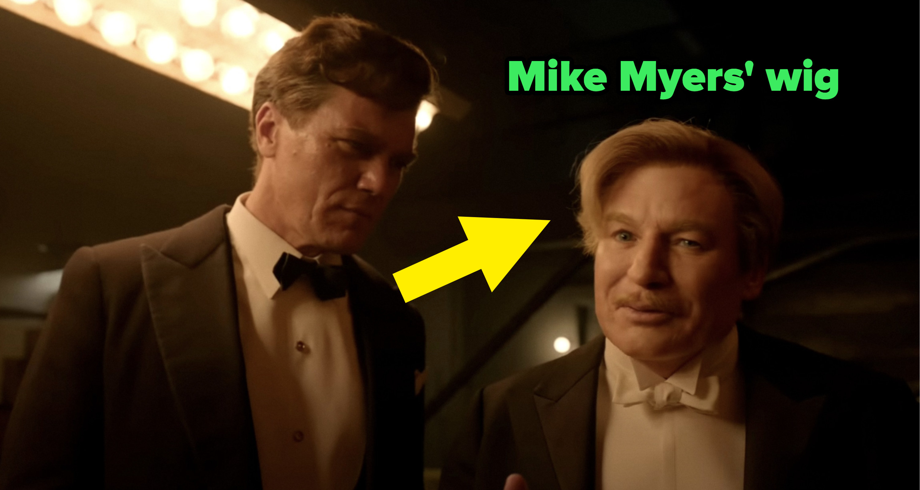 An arrow points to the wig Mike Myers wears in the film