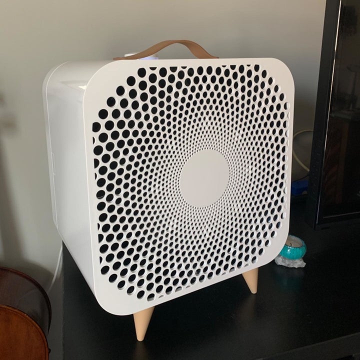 Close-up of reviewer's air purifier