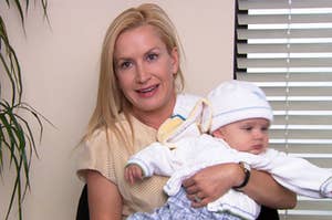 Angela from The Office holding baby Phillip