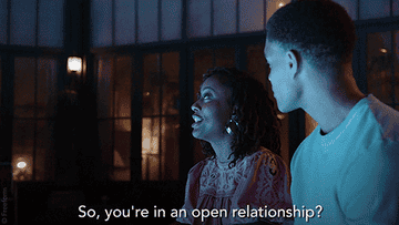 A woman asking a guy, &quot;So you&#x27;re in an open relationship?&quot; And his response: &quot;Not open, poly&quot;
