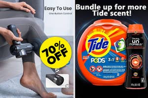 person using massage gun on leg, laundry detergent pods