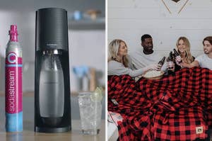 A split thumbnail of a SodaStream and four people in a blanket