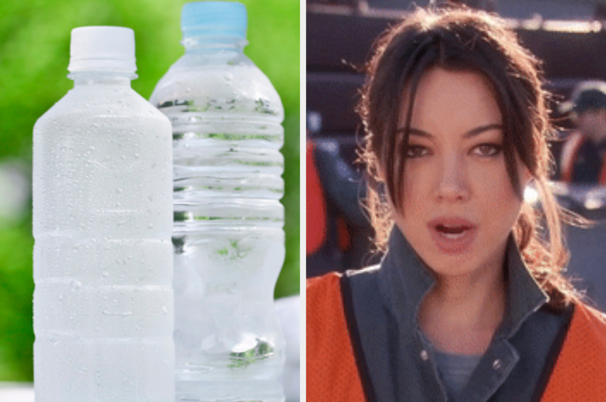 Side-by-side of water bottles and Aubrey Plaza