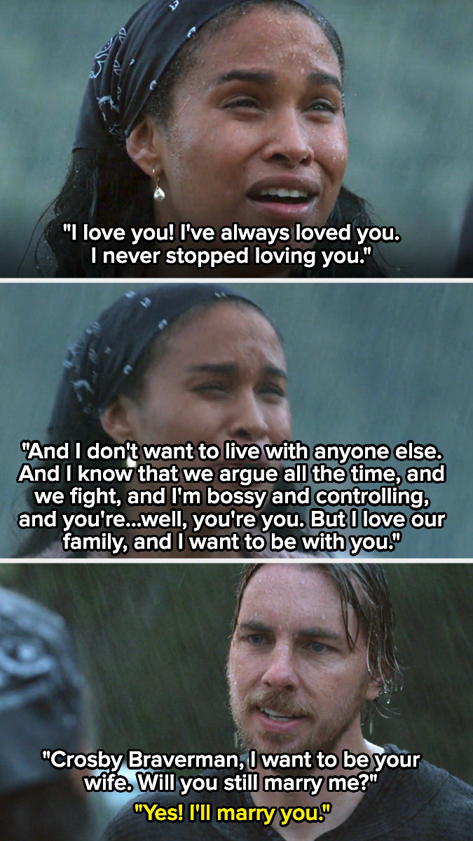 Jasmine: &quot;I love you. I&#x27;ve always loved you. I never stopped loving you and I don&#x27;t want to live with anyone else. We fight, I&#x27;m bossy and controlling, and you&#x27;re well, you&#x27;re you. But I love our family. Crosby, will you still marry me?&quot;