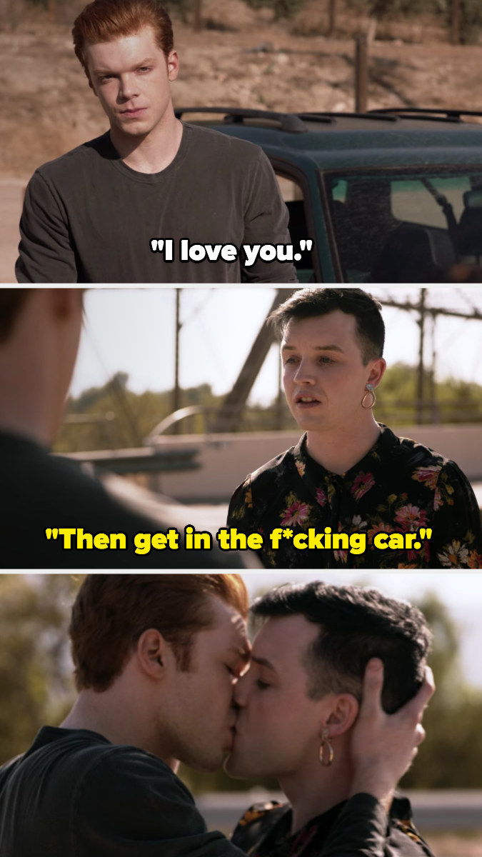 Ian tells Mickey he loves him, Mickey replies, &quot;Then get in the fucking car&quot; and then they kiss