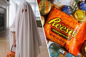 A child dressed as a ghost and a peanut butter cup