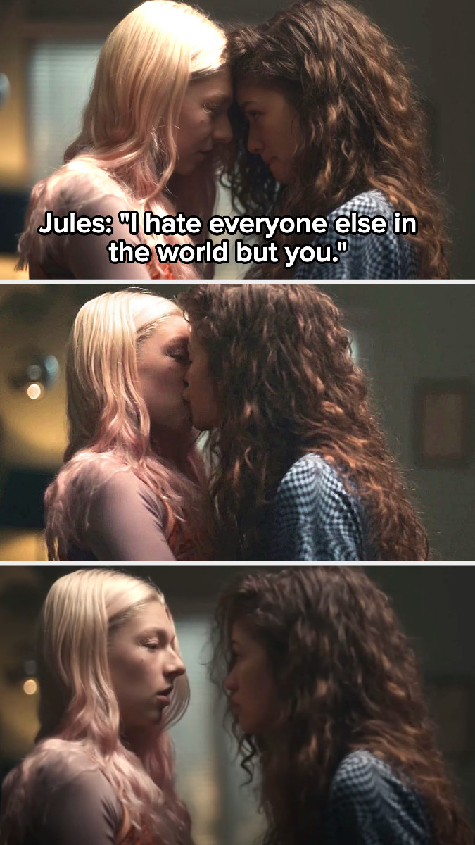 Rue and Jules kissing after Rue says she hates everyone but Jules