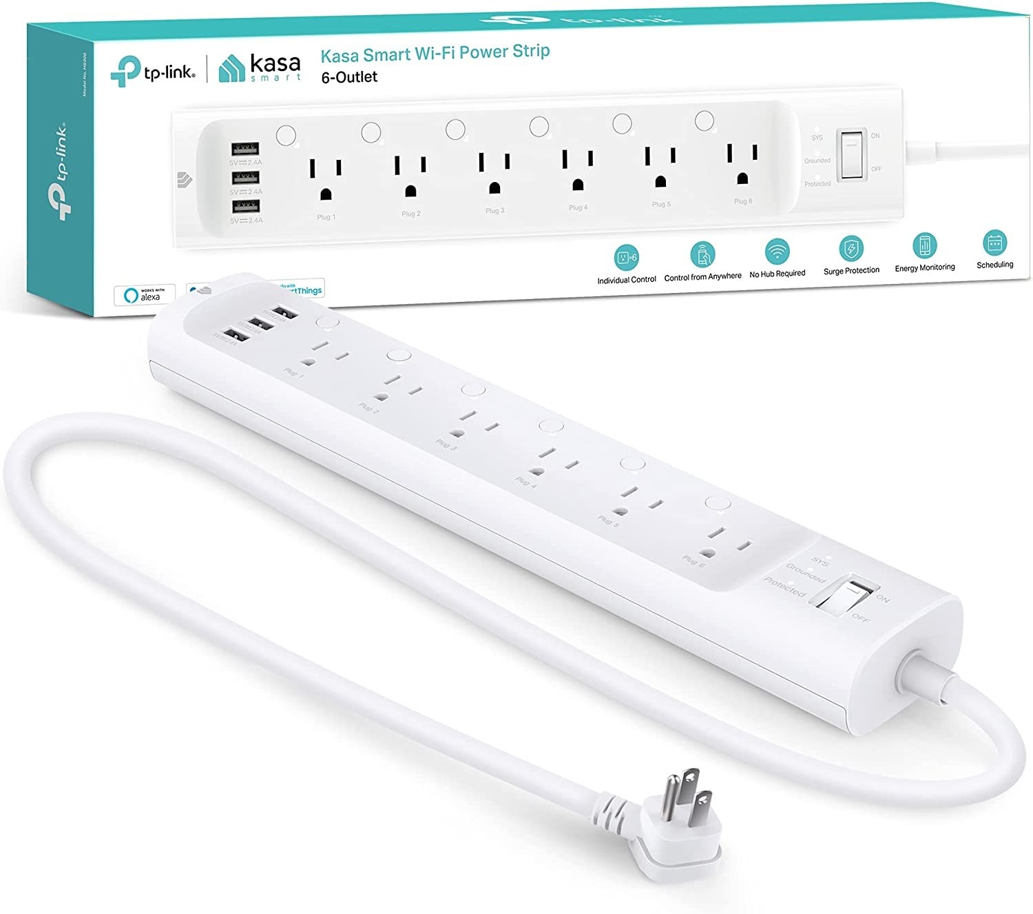 The smart surge protector and packaging is shown