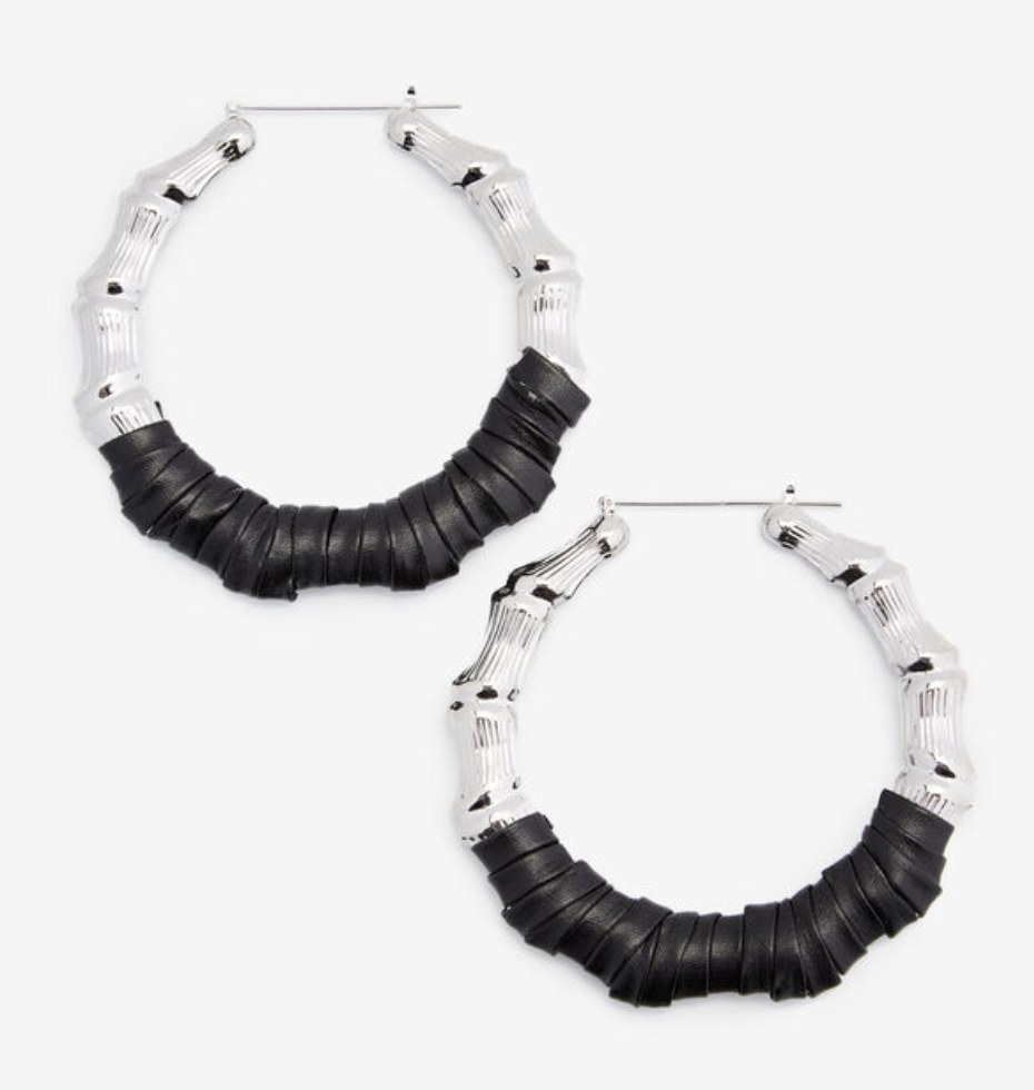 The silver bamboo and faux leather wrapped hoop earrings
