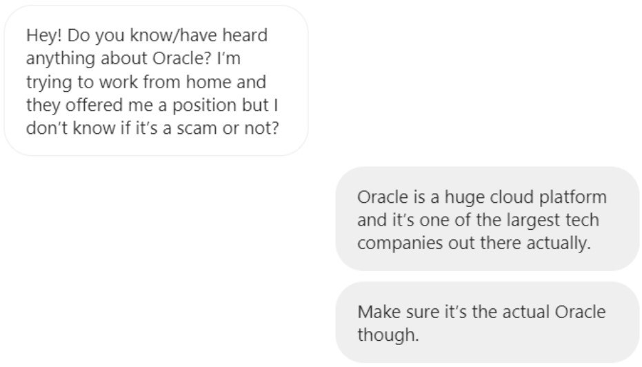 Instagram conversation about Danielle&#x27;s job offer from Oracle