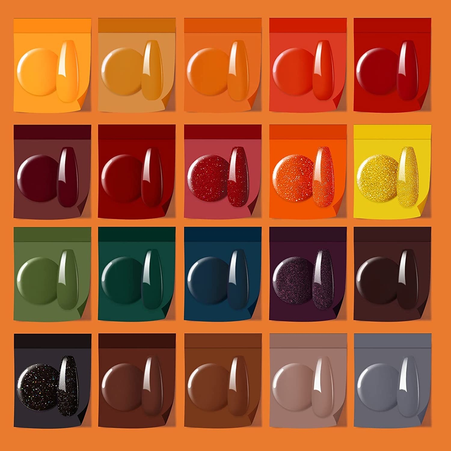 Swatches of 20 fall-inspired nail polish colors on an orange background