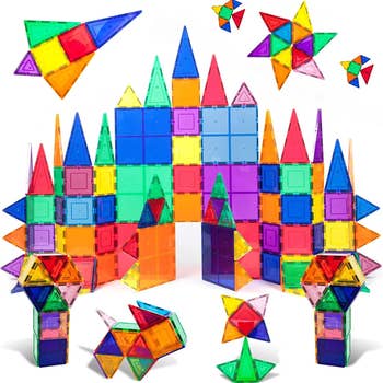 Multicolored square and triangular magnetic tiles fashioned into various shapes