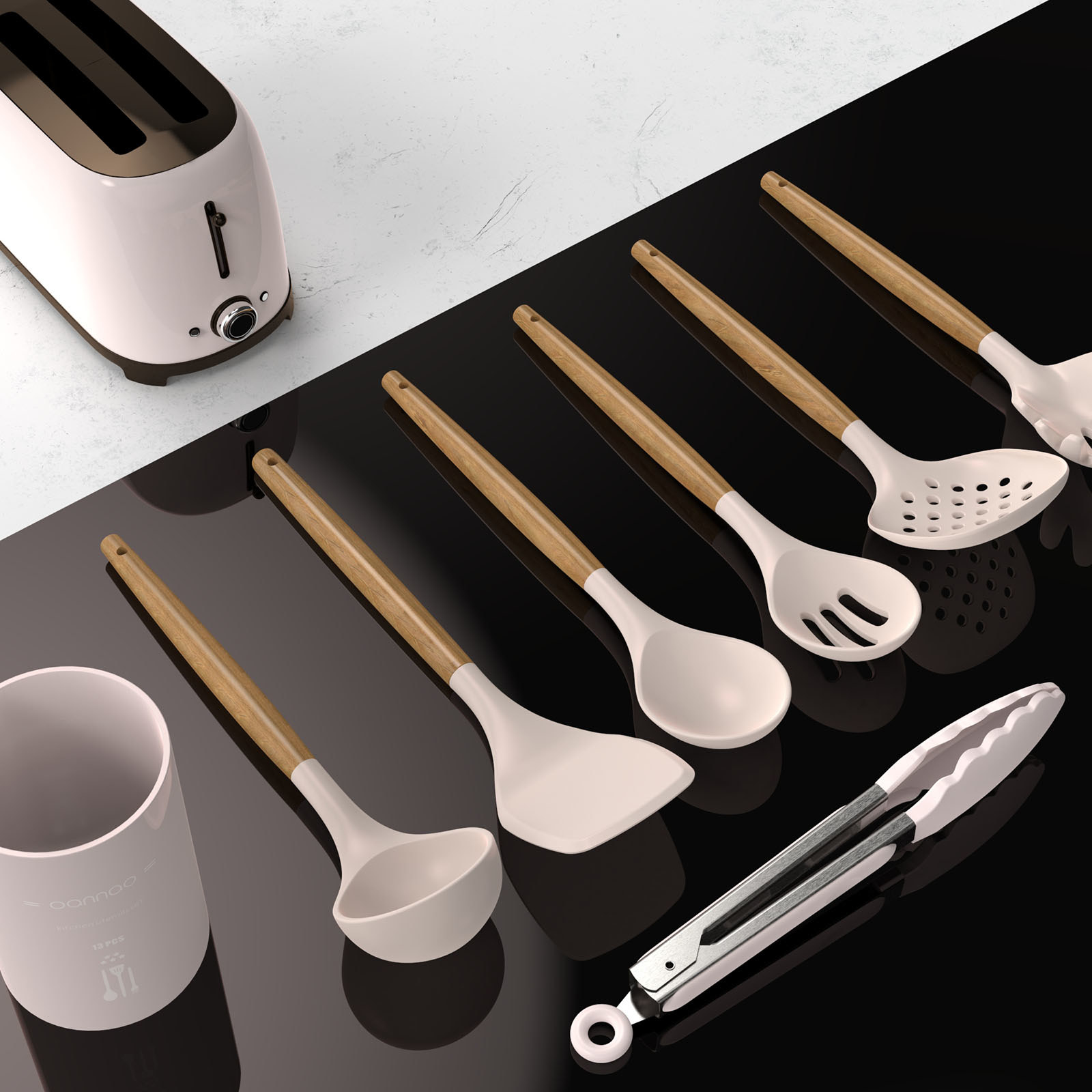 Set of khaki utensils and utensil holder on a counter