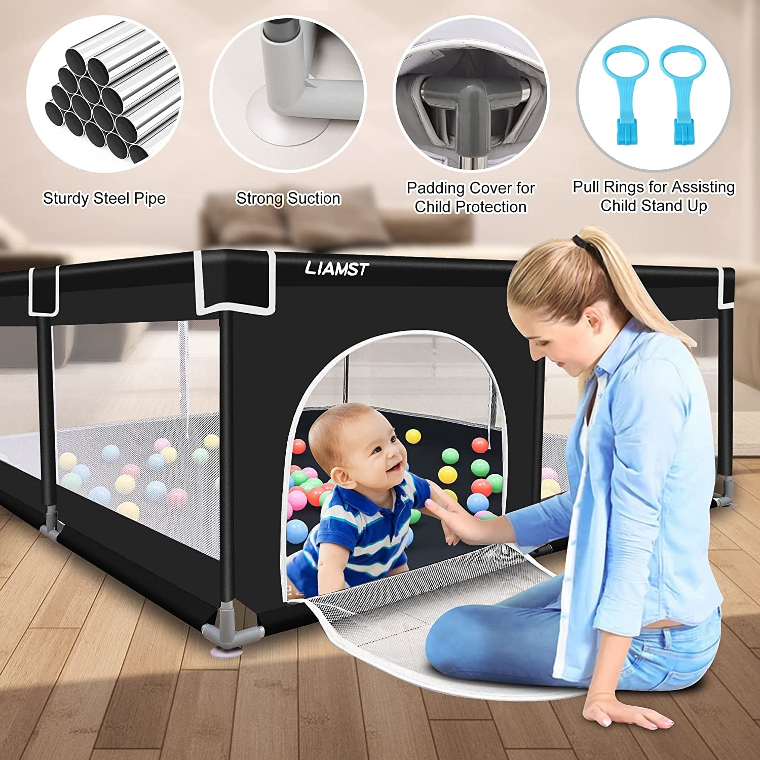A model standing outside of a playpen that a small baby is crawling out of