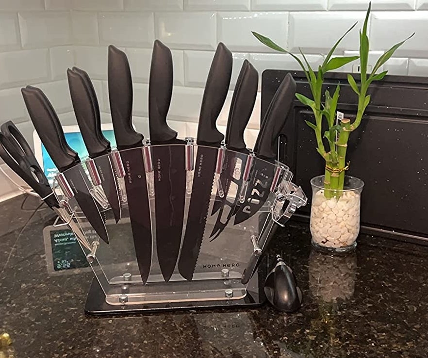 a reviewer photo of the knives sitting on a kitchen counter