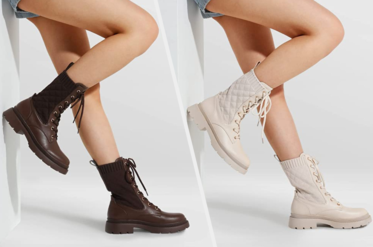Two images of models wearing brown and beige boots