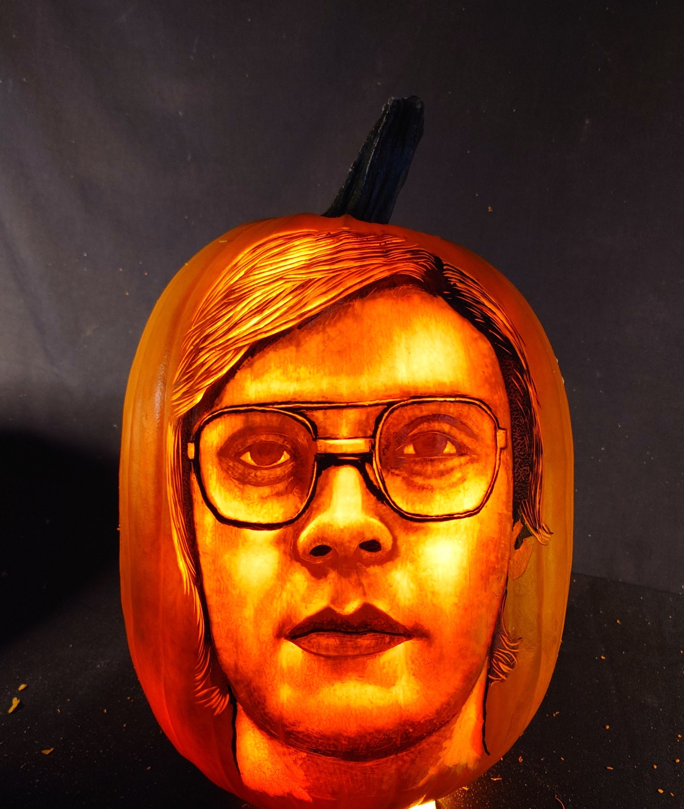 Evan Peters  from Netflix Dahmer carved on a pumpkin