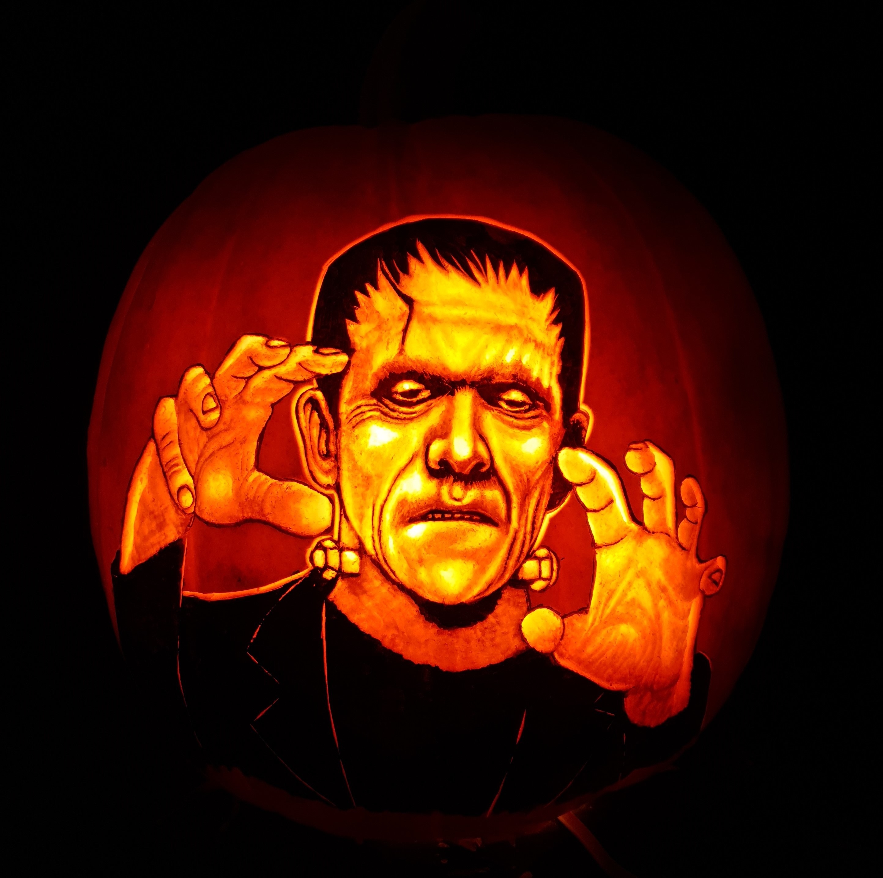 Frankenstein&#x27;s monster carved on a pumpkin