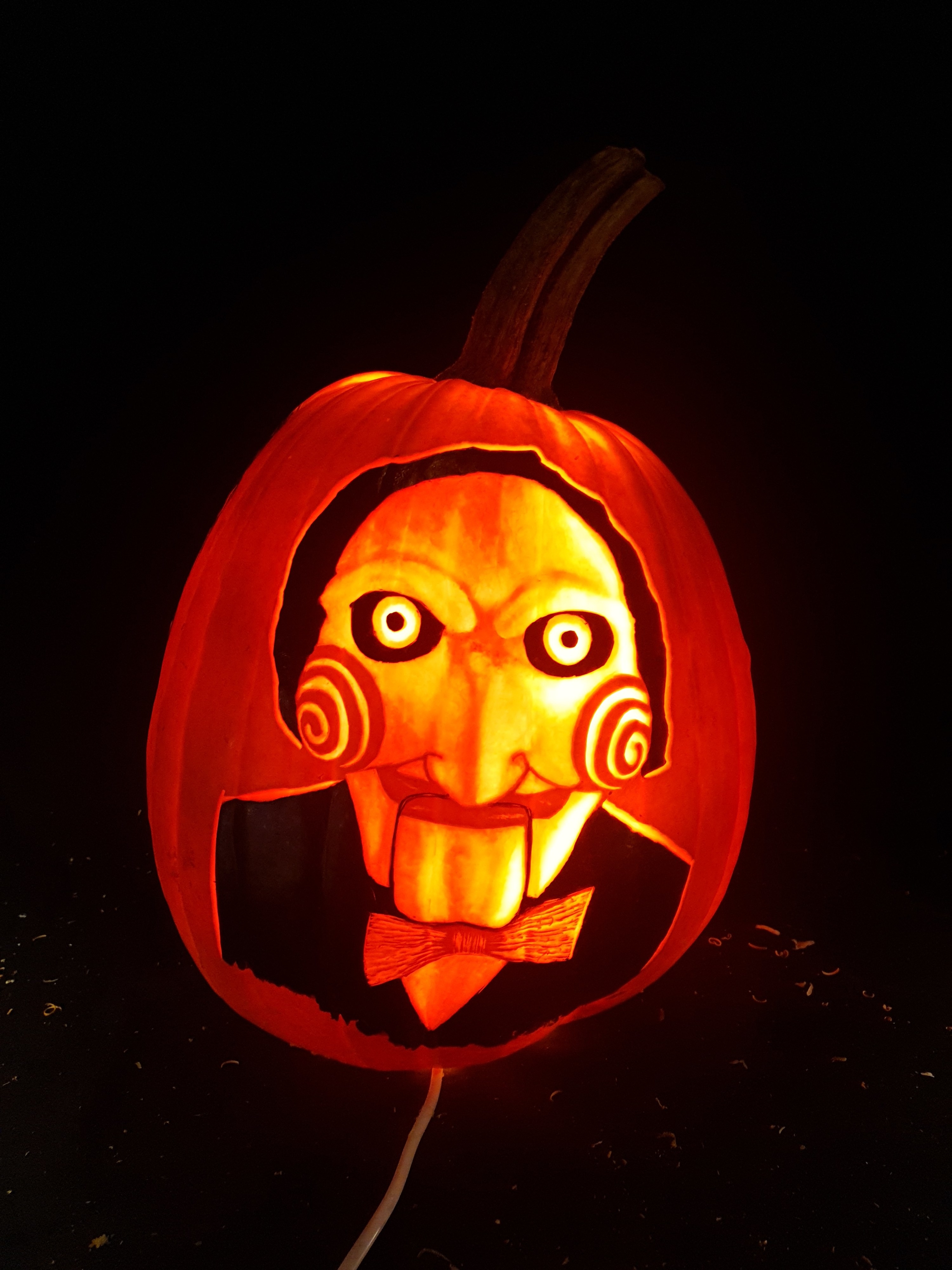 Billy from Saw carved on a pumpkin