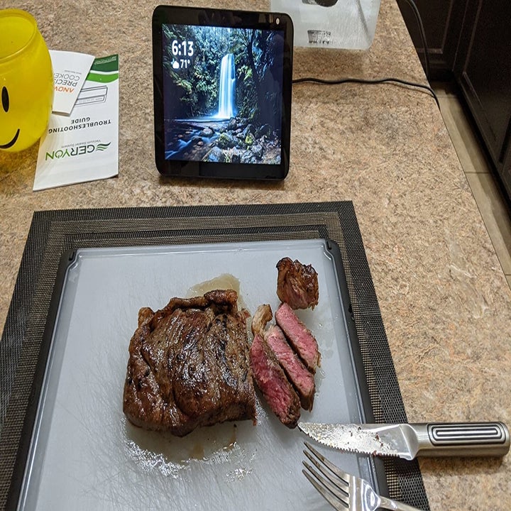 a reviewer photo of the finished steak cooked to perfection