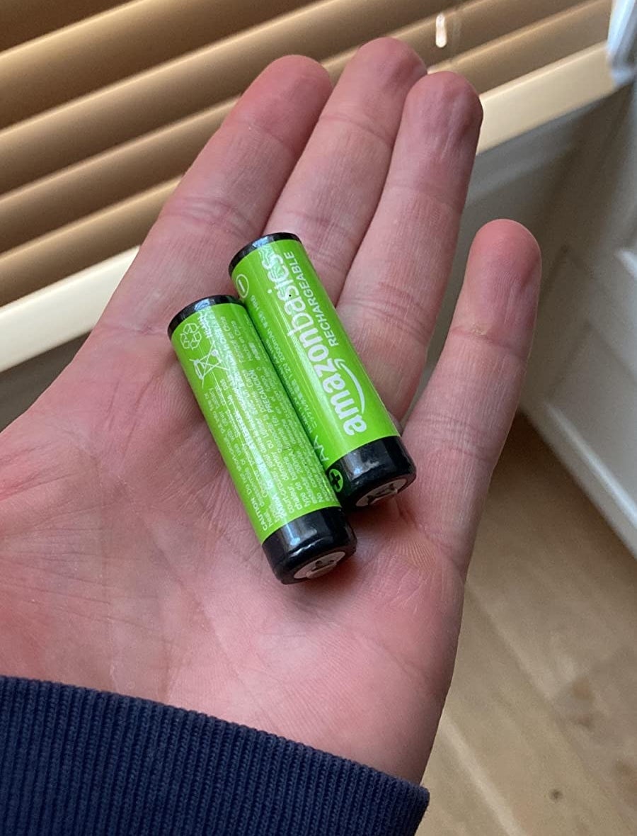 a reviewer holding two rechargeable AA batteries
