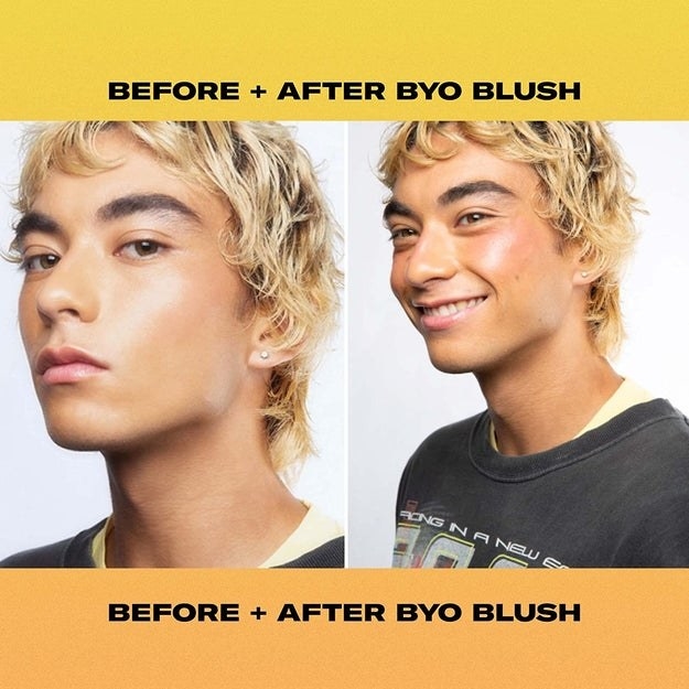 Before and after image of a model without and with a rosy toned blush on their cheeks
