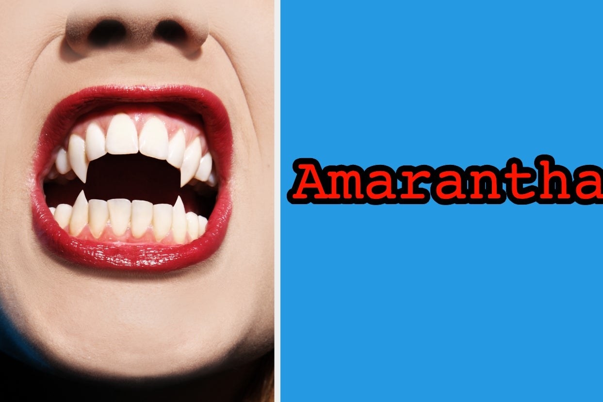 Two images: on the left, a stock image of a vampire&#x27;s mouth and fangs and on the right, a blue screen with the text &quot;Amarantha&quot; overlayed on top.